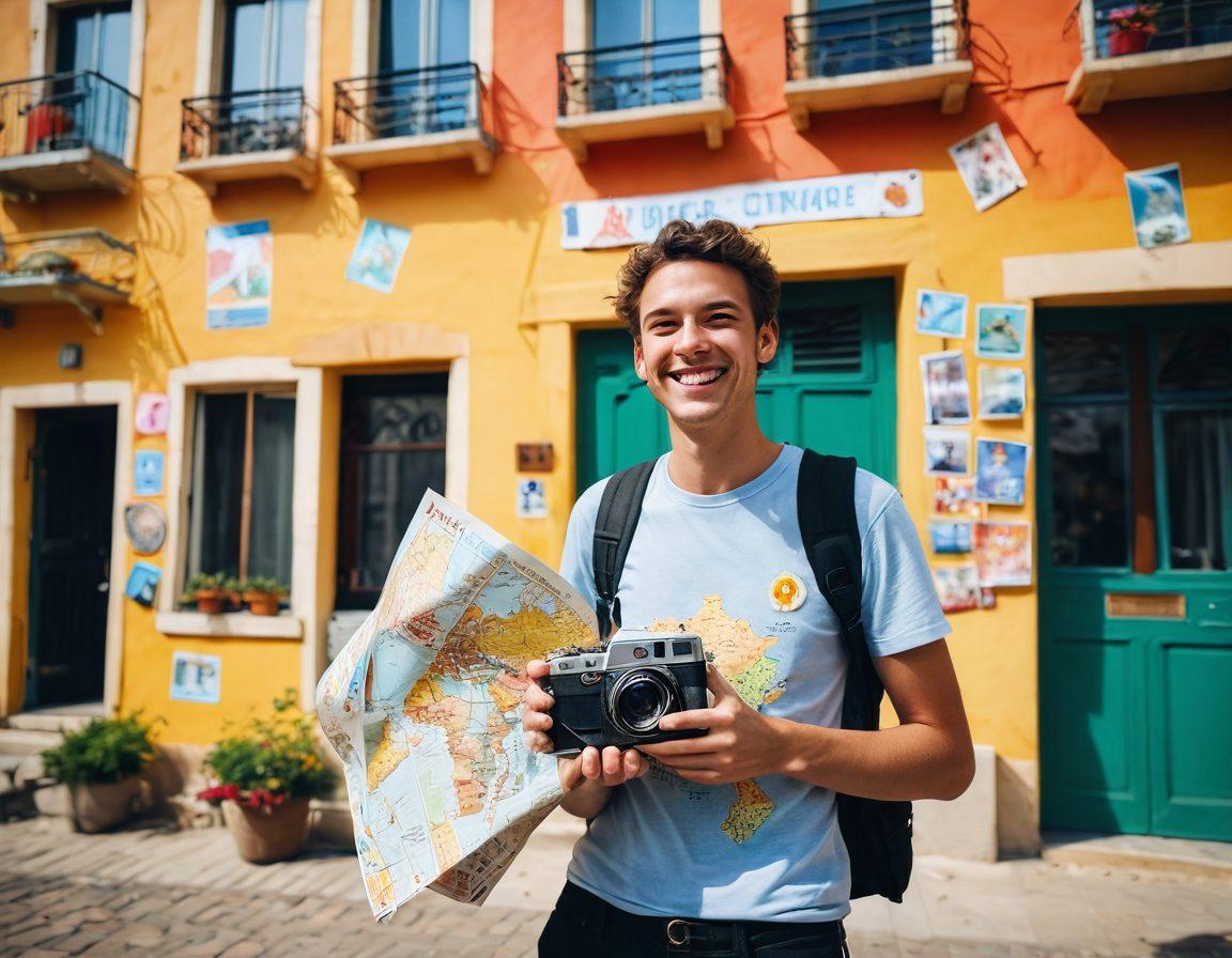 A cheerful traveler with a big smile, standing in front of a colorful budget hostel adorned with travel stickers, holding a map and a camera. Surrounding them are iconic landmarks made from inexpensive materials, like a cardboard Eiffel Tower and a beach made of vibrant fabric. Bright sun rays illuminate the scene, emphasizing a sense of adventure and joy. whimsical style. vibrant colors. sunny backdrop.
