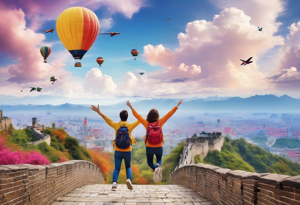 A cheerful traveler with a backpack, jumping for joy beside a colorful airplane flying through a bright sky filled with fluffy clouds. Surrounding them are iconic landmarks, like the Eiffel Tower and the Great Wall of China, subtly integrated in the background. A map showcasing budget-friendly flight routes and connecting cities is faintly visible in the foreground. Bright colors and a sense of adventure should encompass the image. vibrant colors. super-realistic.