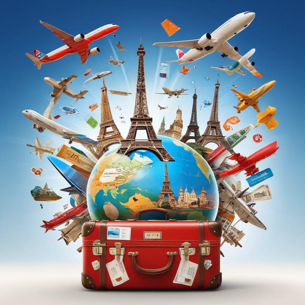 A globe surrounded by vibrant travel icons like airplanes, suitcases, and discount tags, radiating excitement. A collage of famous landmarks like the Eiffel Tower, Sydney Opera House, and Great Wall of China seamlessly integrated with bright discount labels to symbolize amazing deals. A sunlit sky in the background to evoke a sense of adventure and exploration. super-realistic. vibrant colors. white background.